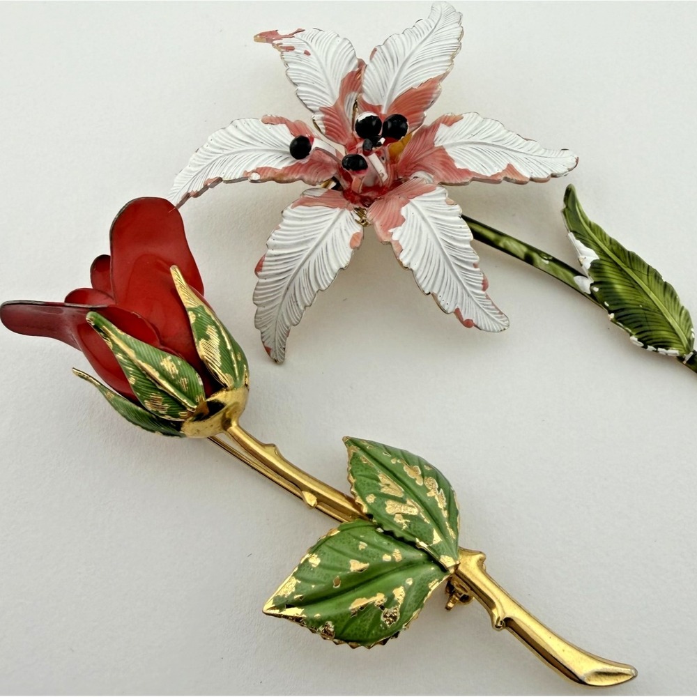 Vintage Lot of 2 Enamel Flower Brooch Pins - Red Rose & Mod Pink/White